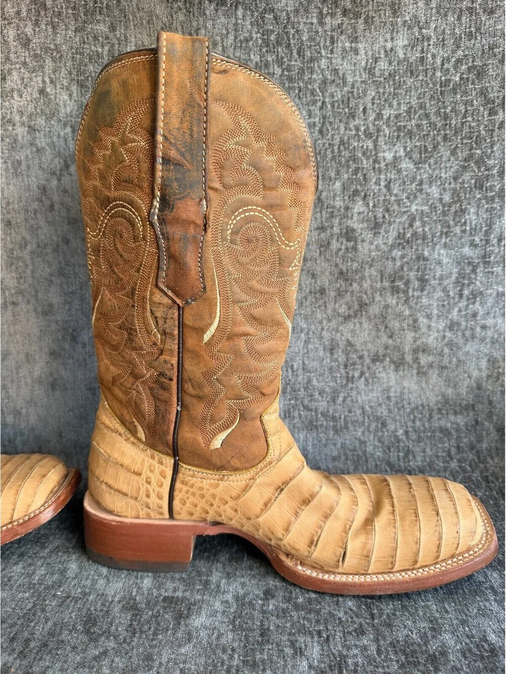 Tanner Mark Mens Cowboy Boots Size 7 Caiman Tail Print Tan Leather Square Toe